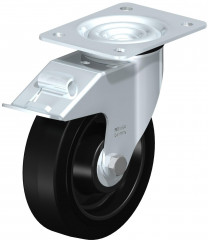 Roulette pivotante en tôle d’acier, avec platine à visser et blocage “stop-fix”