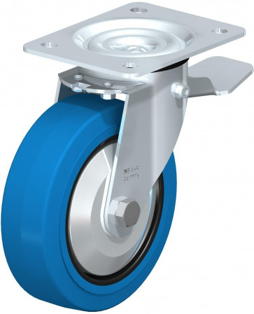 Roulette pivotante en tôle d’acier, avec platine à visser et blocage “stop-top”