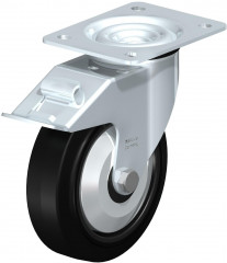 Roulette pivotante en tôle d’acier, avec platine à visser et blocage “stop-fix”