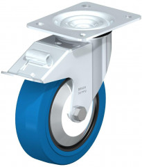 Roulette pivotante en tôle d’acier, avec platine à visser et blocage “stop-fix”
