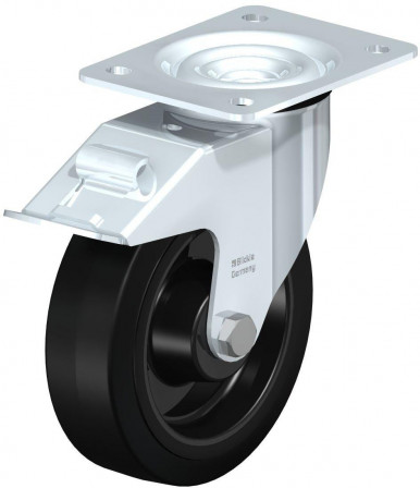 Roulette pivotante en tôle d’acier, avec platine à visser et blocage “stop-fix”