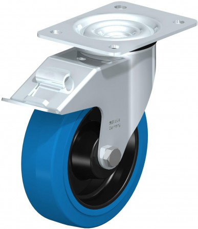 Roulette pivotante en tôle d’acier, avec platine à visser et blocage “stop-fix”