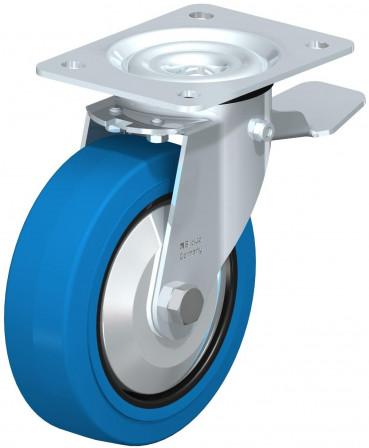 Roulette pivotante en tôle d’acier, avec platine à visser et blocage “stop-top”