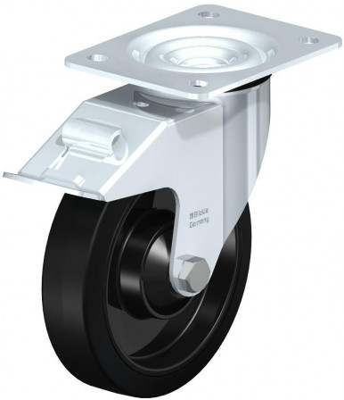 Roulette pivotante en tôle d’acier, avec platine à visser et blocage “stop-fix”