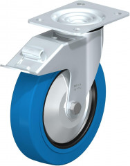 Roulette pivotante en tôle d’acier, avec platine à visser et blocage “stop-fix”