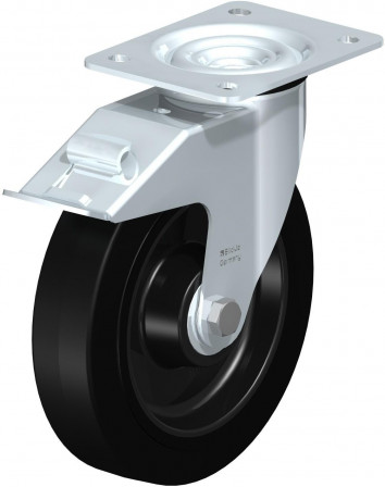 Roulette pivotante en tôle d’acier, avec platine à visser et blocage “stop-fix”