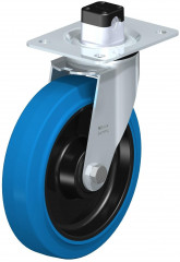 Roulette pivotante en tôle d’acier, avec platine à visser et blocage centralisé “central-stop”