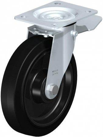 Roulette pivotante en tôle d’acier, avec platine à visser et blocage “stop-top”