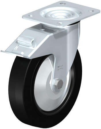 Roulette pivotante en tôle d’acier, avec platine à visser et blocage “stop-fix”