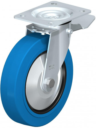 Roulette pivotante en tôle d’acier, avec platine à visser et blocage “stop-top”