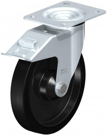 Roulette pivotante en tôle d’acier, avec platine à visser et blocage “stop-fix”