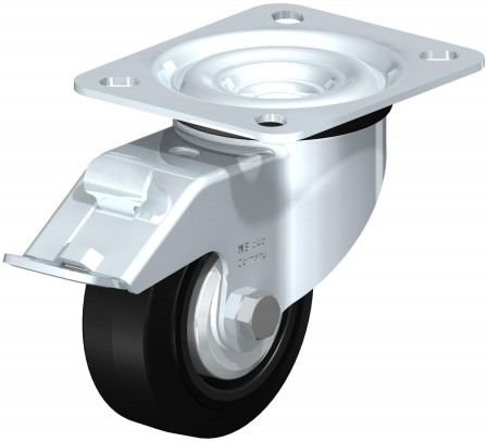 Roulette pivotante en tôle d’acier, avec platine à visser et blocage “stop-fix”