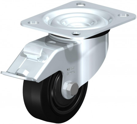 Roulette pivotante en tôle d’acier, avec platine à visser et blocage “stop-fix”