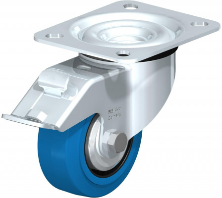 Roulette pivotante en tôle d’acier, avec platine à visser et blocage “stop-fix”