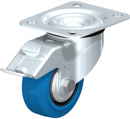 Roulette pivotante en tôle d’acier, avec platine à visser et blocage “stop-fix”
