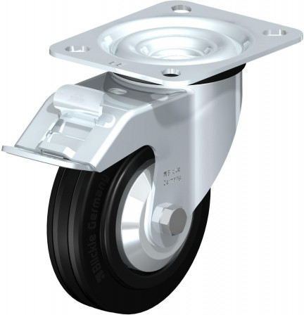 Roulette pivotante en tôle d’acier, avec platine à visser et blocage “stop-fix”