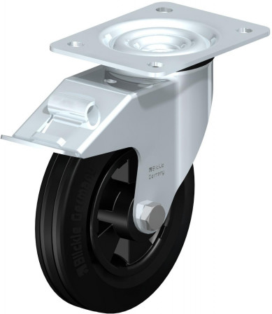 Roulette pivotante en tôle d’acier, avec platine à visser et blocage “stop-fix”