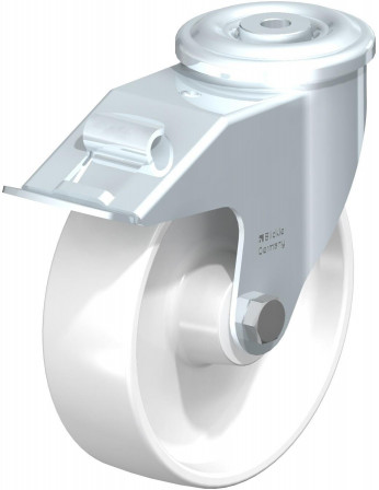 Roulette pivotante en tôle d’acier, avec trou central et blocage “stop-fix”