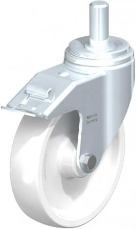 Roulette pivotante en tôle d’acier, version fortes charges, avec tige et blocage “stop-fix”