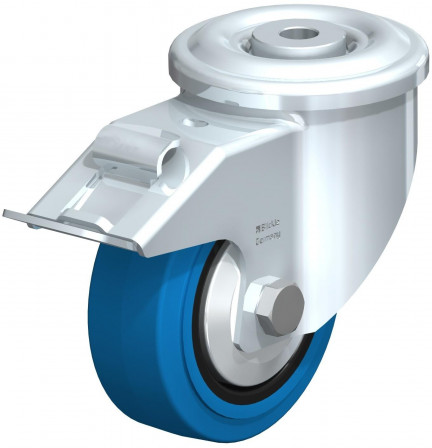 Roulette pivotante en tôle d’acier, version lourde, avec trou central et blocage “stop-fix”