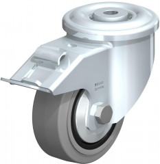 Roulette pivotante en tôle d’acier, version lourde, avec trou central et blocage “stop-fix”