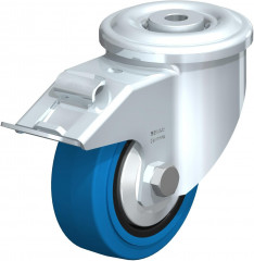 Roulette pivotante en tôle d’acier, version lourde, avec trou central et blocage “stop-fix”