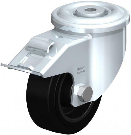 Roulette pivotante en tôle d’acier, version lourde, avec trou central et blocage “stop-fix”