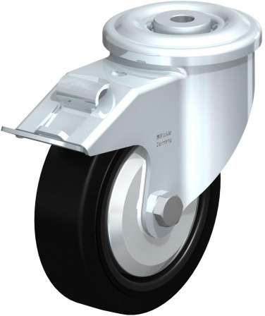 Roulette pivotante en tôle d’acier, version lourde, avec trou central et blocage “stop-fix”