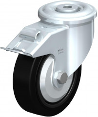 Roulette pivotante en tôle d’acier, version lourde, avec trou central et blocage “stop-fix”