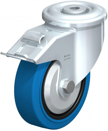 Roulette pivotante en tôle d’acier, version lourde, avec trou central et blocage “stop-fix”