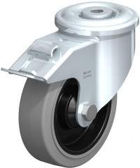 Roulette pivotante en tôle d’acier, version lourde, avec trou central et blocage “stop-fix”