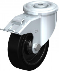 Roulette pivotante en tôle d’acier, version lourde, avec trou central et blocage “stop-fix”