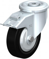 Roulette pivotante en tôle d’acier, version lourde, avec trou central et blocage “stop-fix”