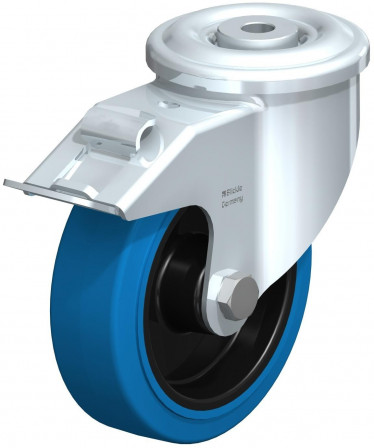 Roulette pivotante en tôle d’acier, version lourde, avec trou central et blocage “stop-fix”