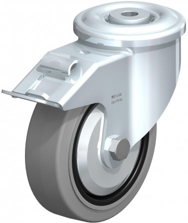 Roulette pivotante en tôle d’acier, version lourde, avec trou central et blocage “stop-fix”