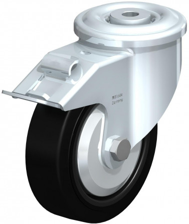 Roulette pivotante en tôle d’acier, version lourde, avec trou central et blocage “stop-fix”