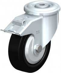 Roulette pivotante en tôle d’acier, version lourde, avec trou central et blocage “stop-fix”