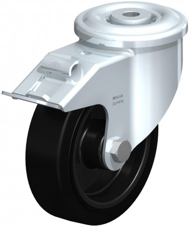 Roulette pivotante en tôle d’acier, version lourde, avec trou central et blocage “stop-fix”