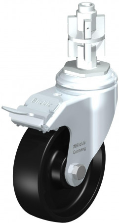 Roulette d’appareil pivotante, avec trou central et blocage “stop-fix”