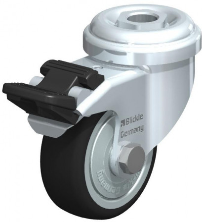 Roulette d’appareil pivotante, avec trou central et blocage “stop-fix” en matière synthétique