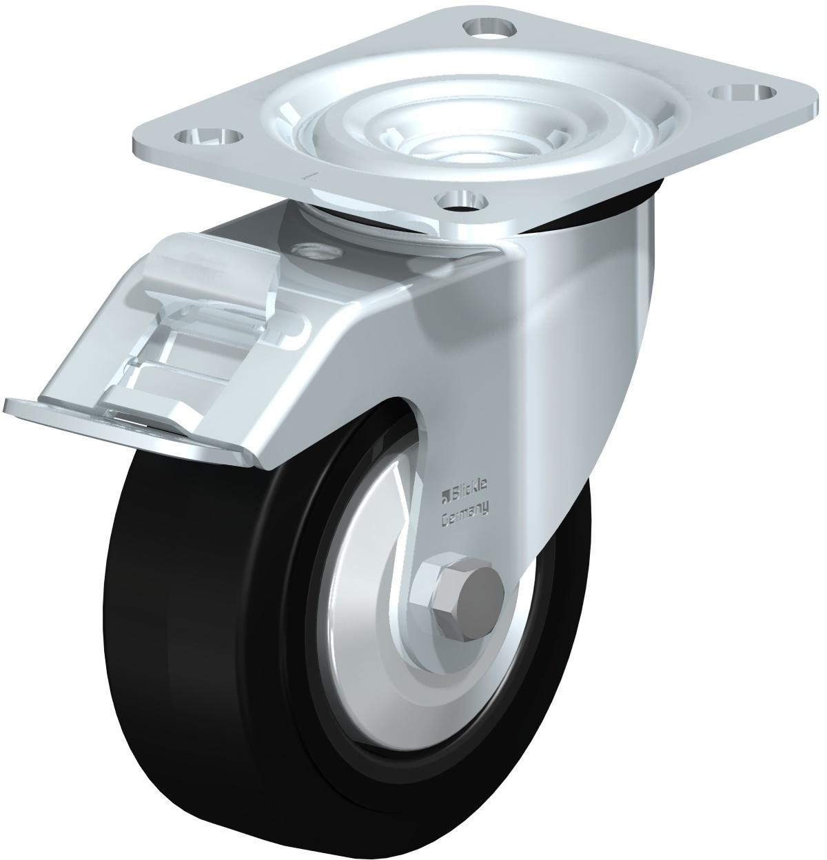 Roulette pivotante en tôle d’acier, version mi-lourde, avec platine à visser et blocage “stop-fix”