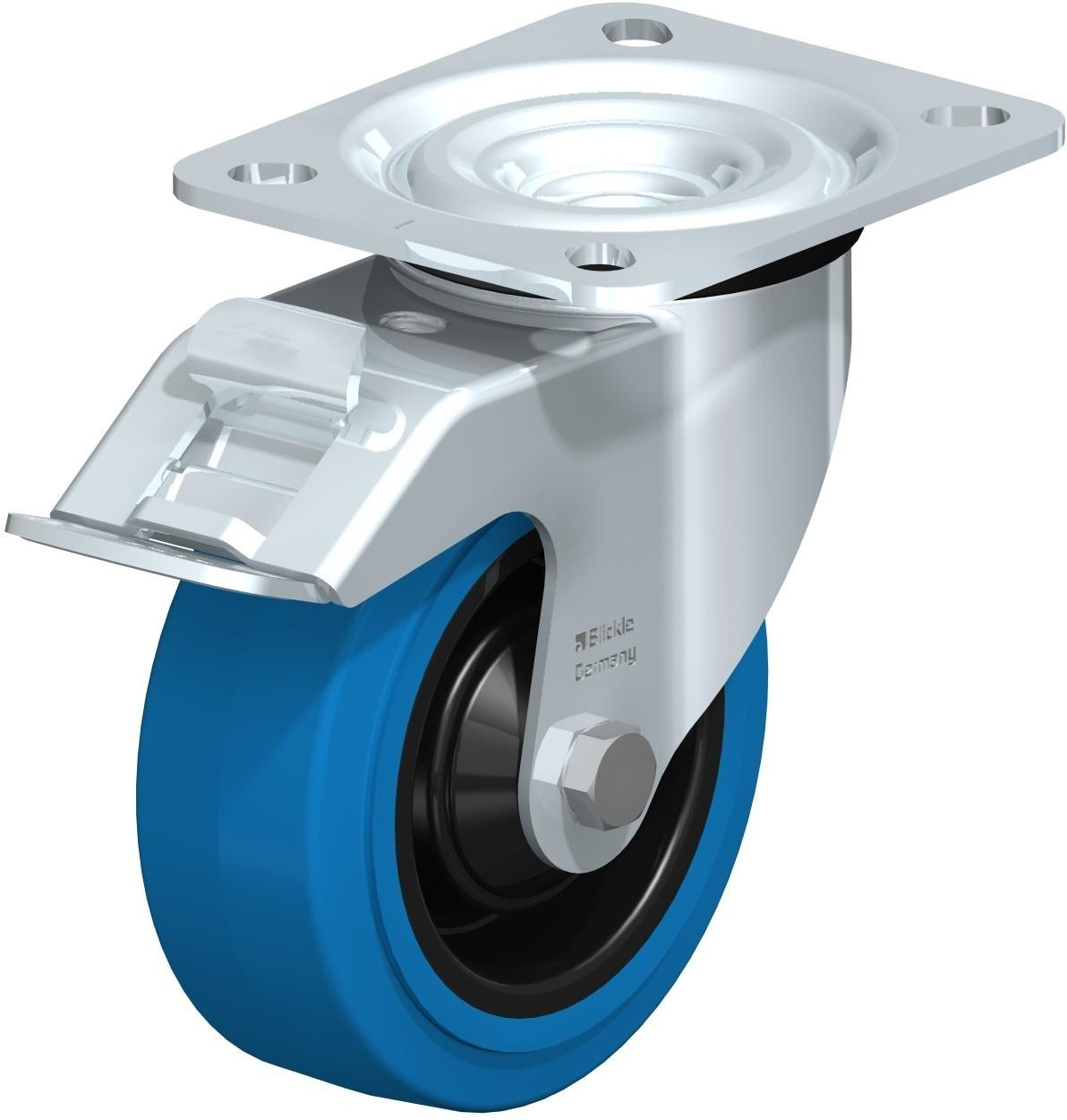 Roulette pivotante en tôle d’acier, version mi-lourde, avec platine à visser et blocage “stop-fix”