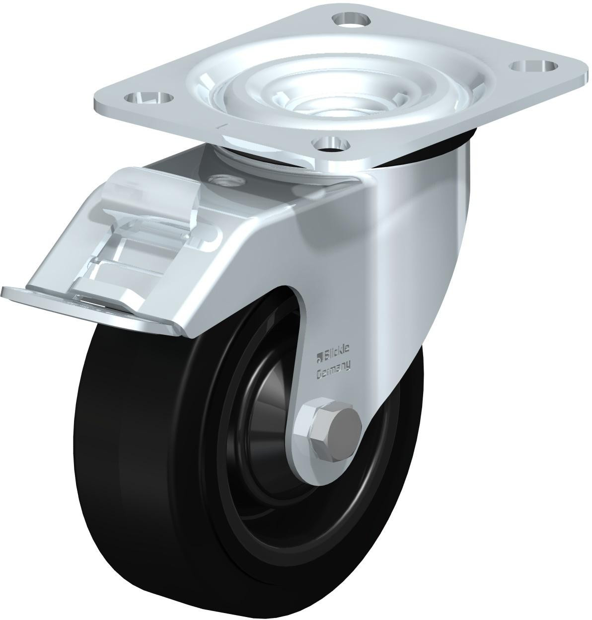 Roulette pivotante en tôle d’acier, version mi-lourde, avec platine à visser et blocage “stop-fix”