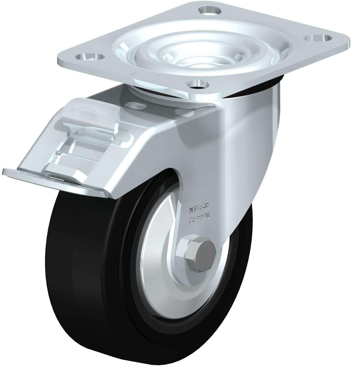 Roulette pivotante en tôle d’acier, version mi-lourde, avec platine à visser et blocage “stop-fix”