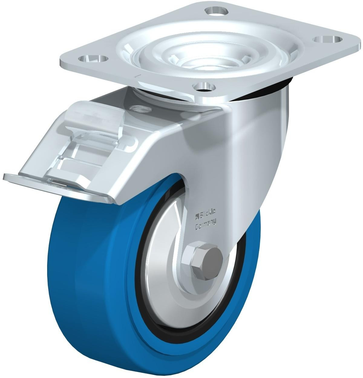 Roulette pivotante en tôle d’acier, version mi-lourde, avec platine à visser et blocage “stop-fix”