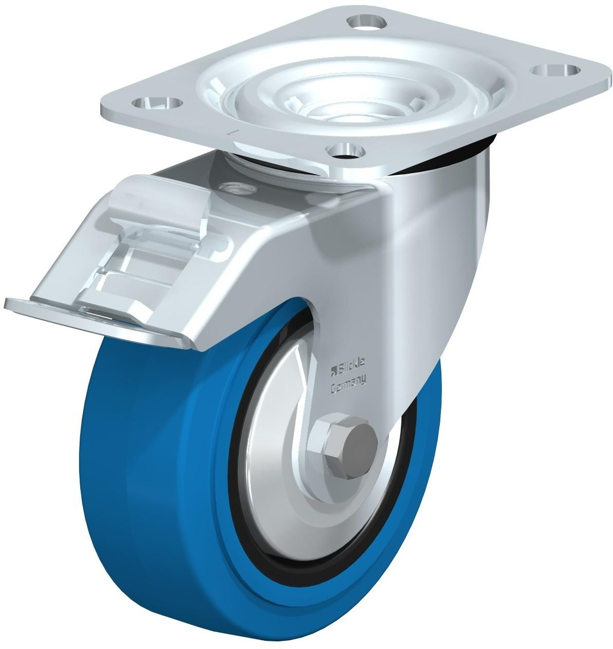 Roulette pivotante en tôle d’acier, version mi-lourde, avec platine à visser et blocage “stop-fix”