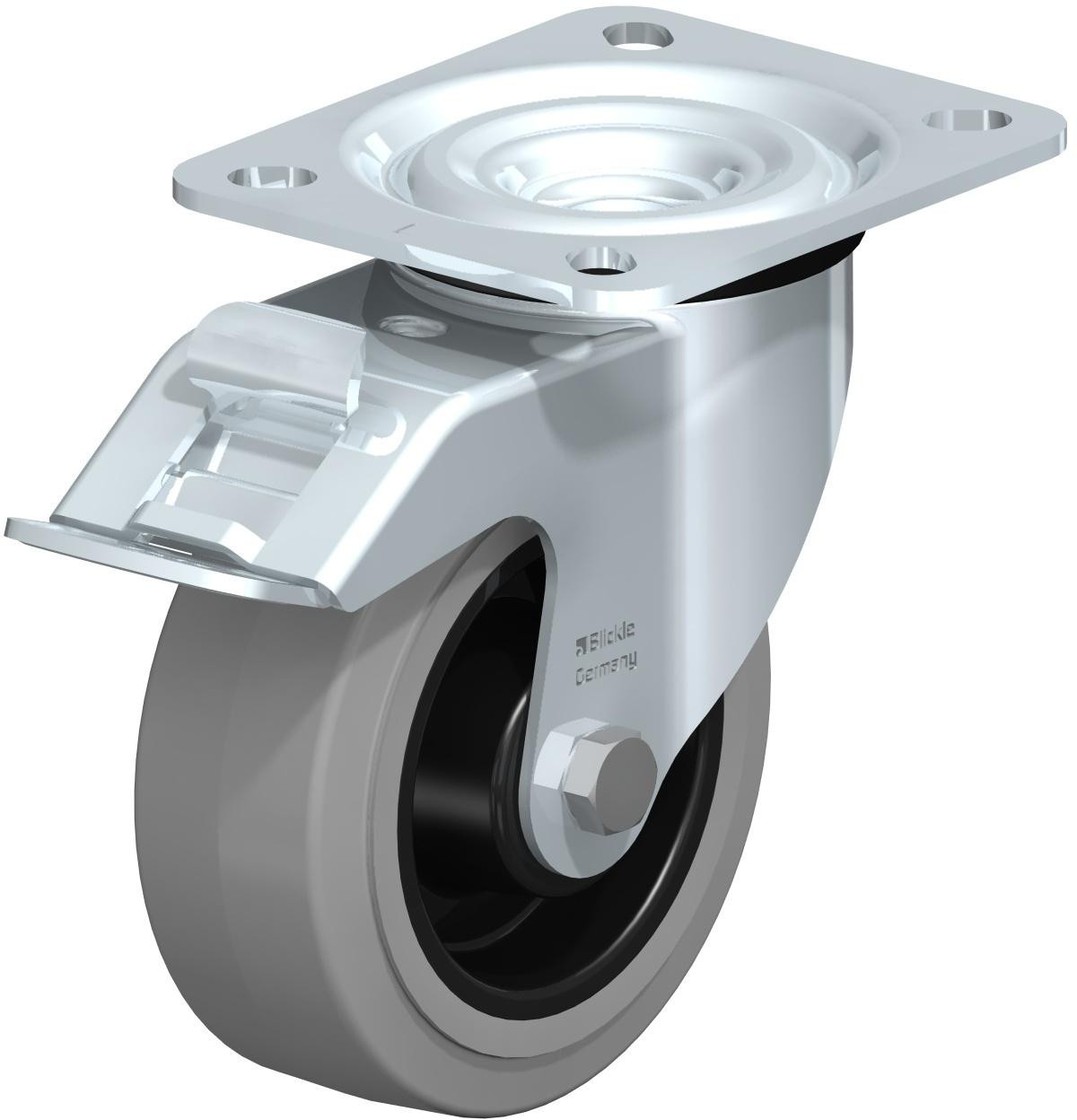 Roulette pivotante en tôle d’acier, version mi-lourde, avec platine à visser et blocage “stop-fix”