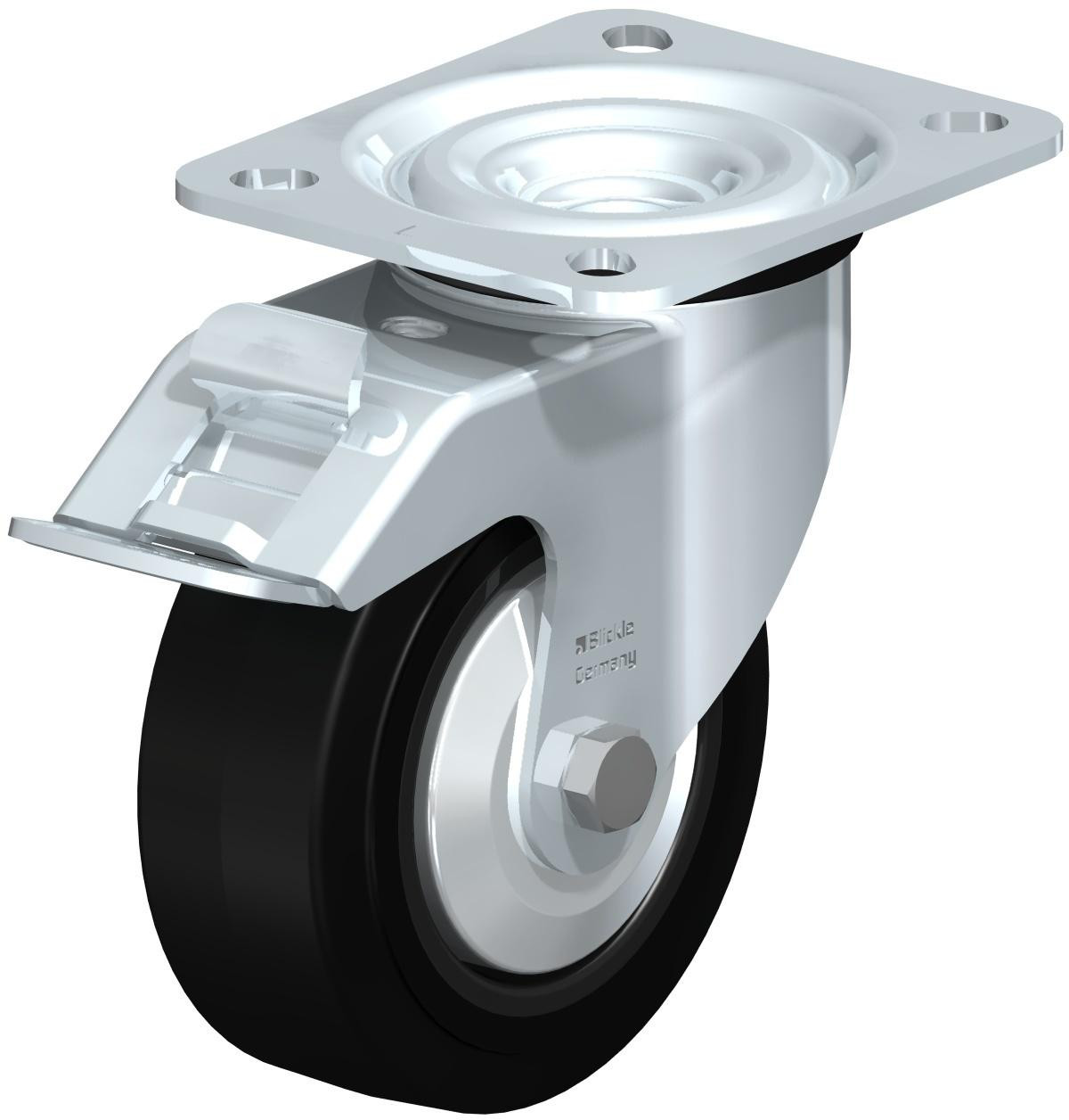 Roulette pivotante en tôle d’acier, version mi-lourde, avec platine à visser et blocage “stop-fix”