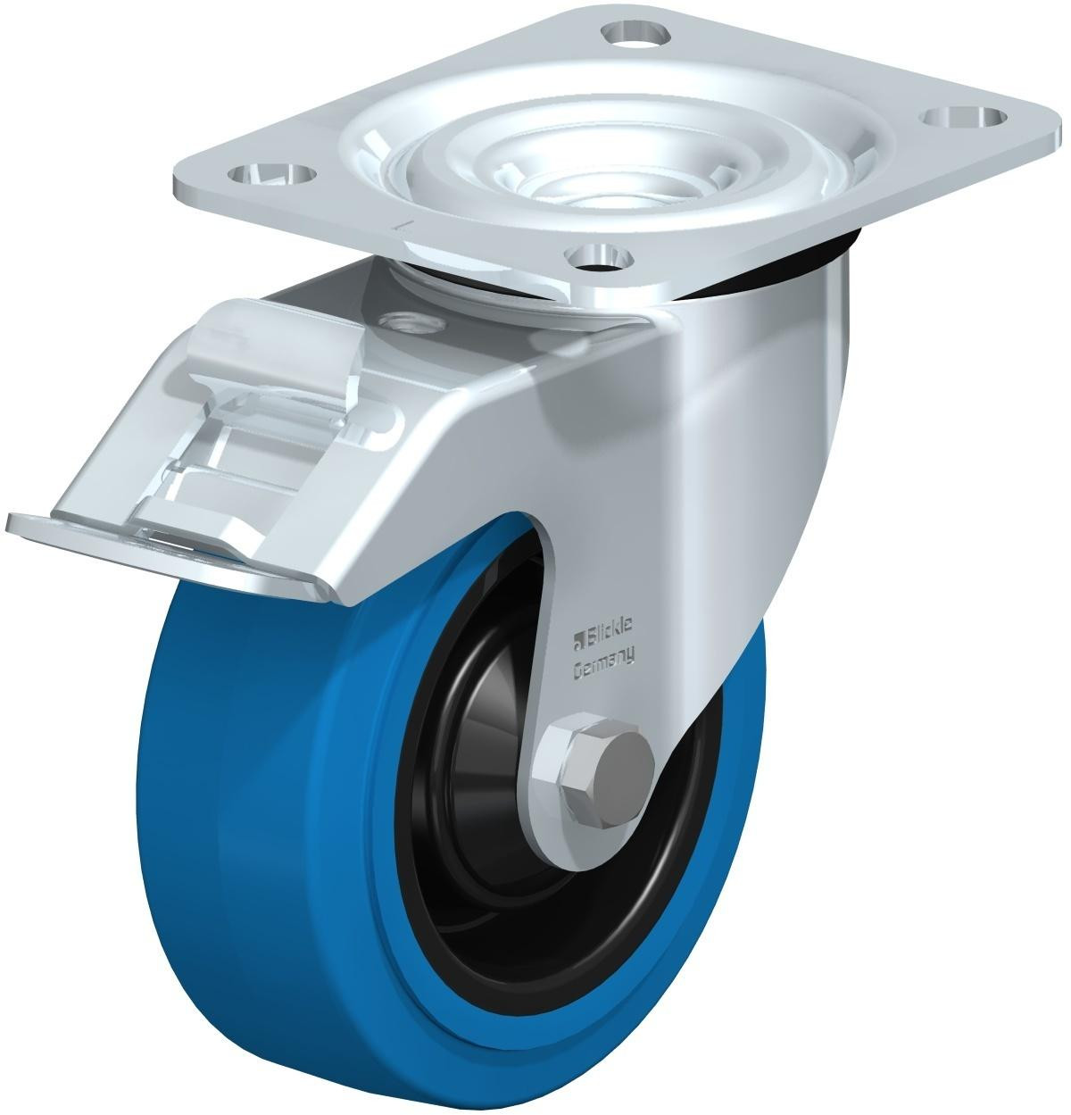 Roulette pivotante en tôle d’acier, version mi-lourde, avec platine à visser et blocage “stop-fix”