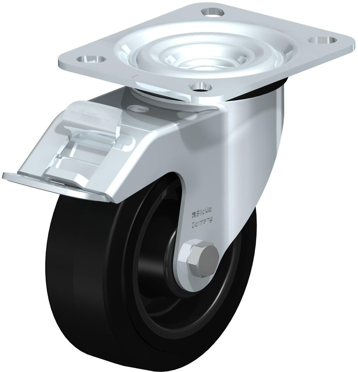 Roulette pivotante en tôle d’acier, version mi-lourde, avec platine à visser et blocage “stop-fix”